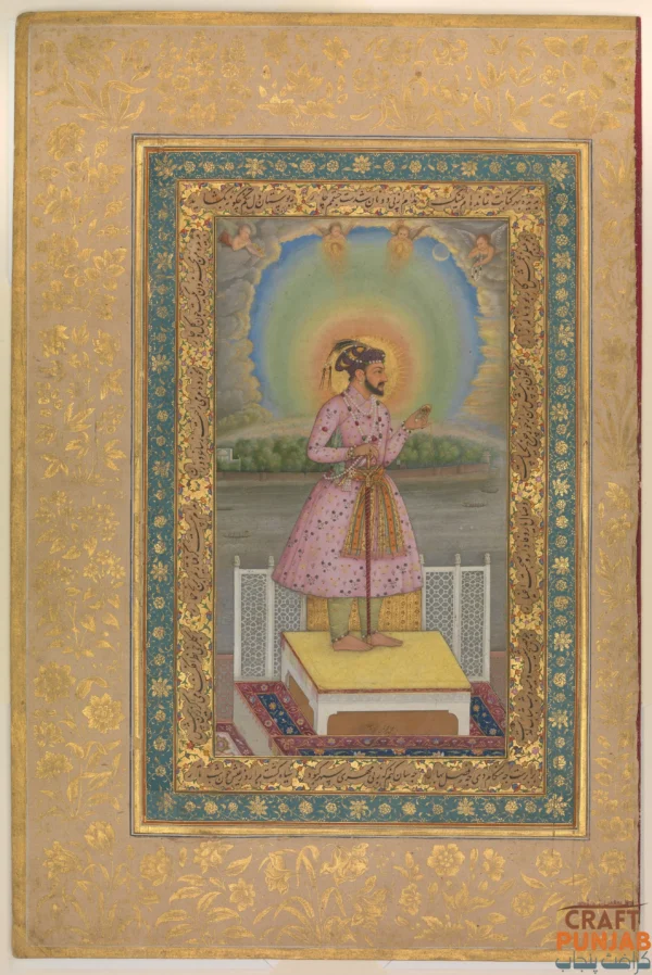 Shah Jahan on a Terrace, Holding a Pendant Set With His Portrait Folio from the Shah Jahan Album_2643_3957 Shah Jahan on a Terrace, Holding a Pendant Set With His Portrait - Mughal Fine Art Print